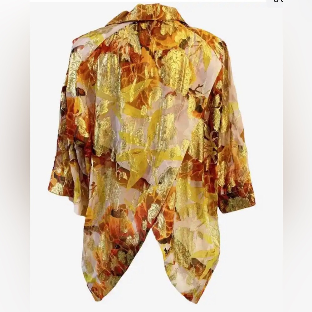 TOPSHOP orange metallic gold sheer short sleeve collared tunic Unique split back - Picture 7 of 14